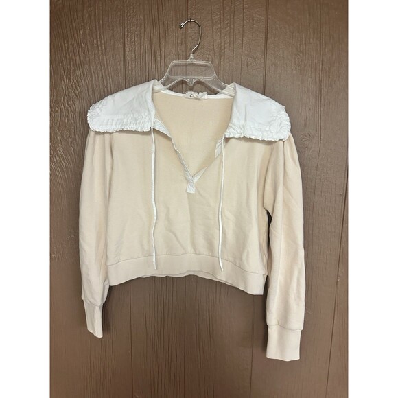 By Anthropologie‎ Poplin-Collar V-Neck Sweatshirt XS Beige White Cropped Smocked - Picture 2 of 7